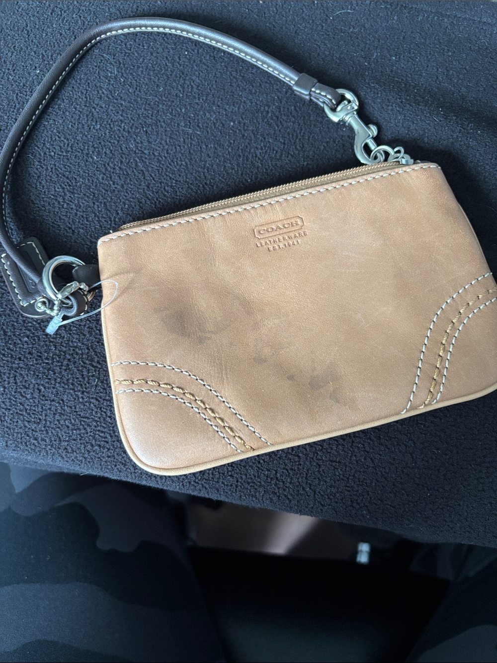 Coach Tan Leather Wristlet with Dark Brown Strap